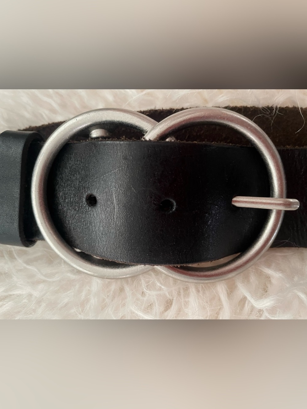 Urban Outfitters Classic Black Leather Belt with Double Silver Ring Buckle